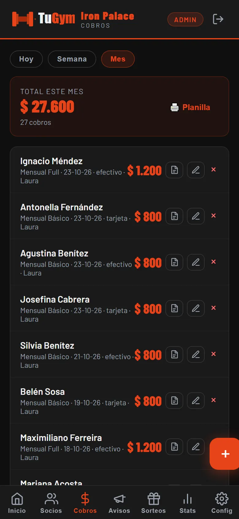 Captura de TuGym: Cobros registrados en segundos