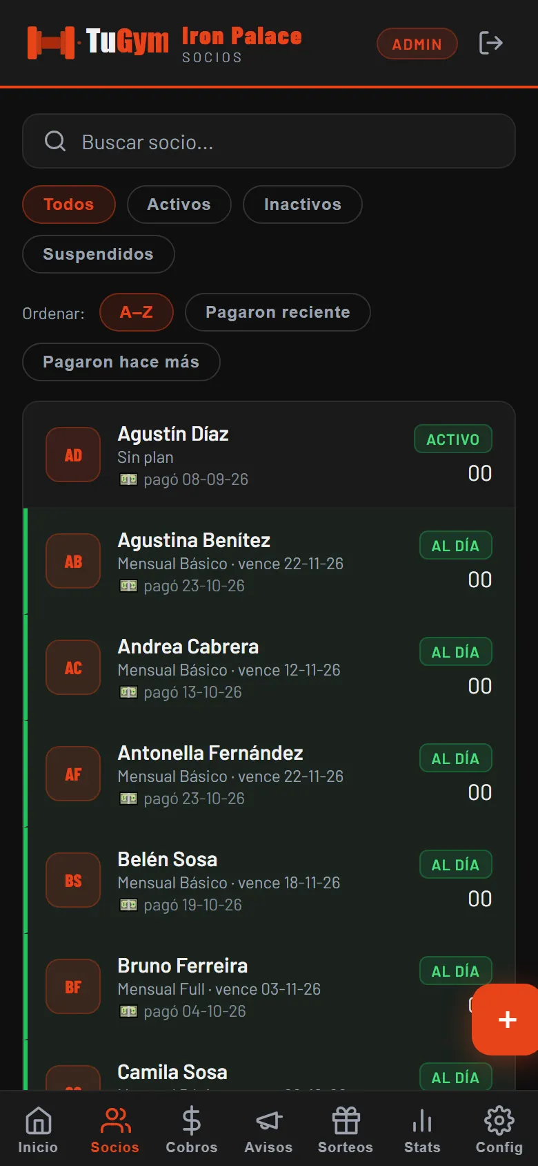 Captura de TuGym: Cada socio con su ficha